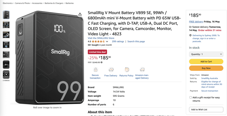 Amazon: SmallRig V Mount Battery VB99 S – 25% Off – $185.90
